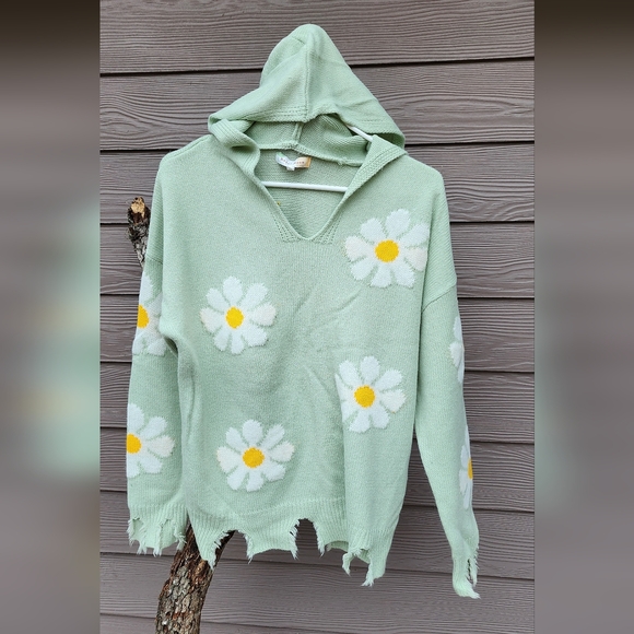 Sweaters - Mint Green Daisy Hoodie Sweater with Yellow Centers
